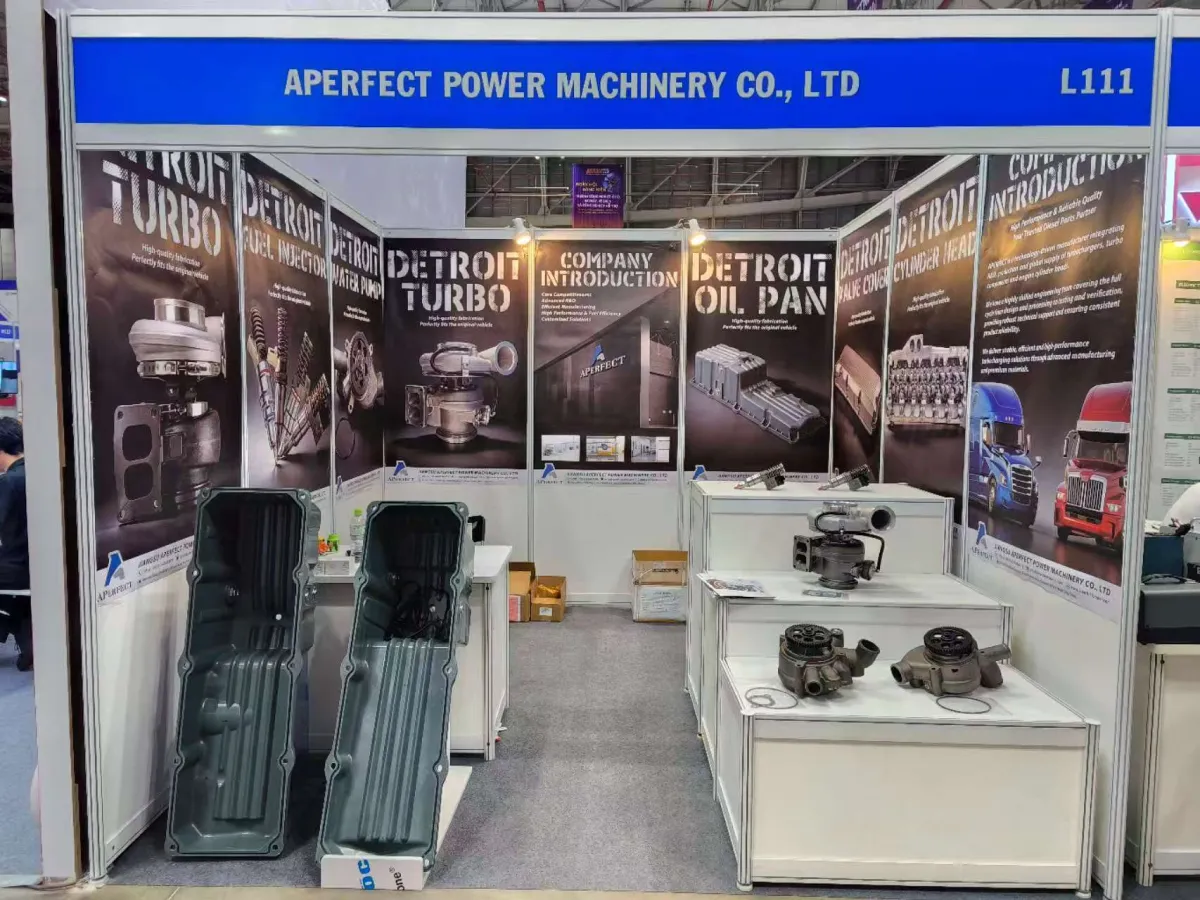 Aperfect Power Machinery booth L111 at Saigon Autotech & Accessories 2026
Detroit turbochargers and oil pan samples displayed at the Aperfect booth
